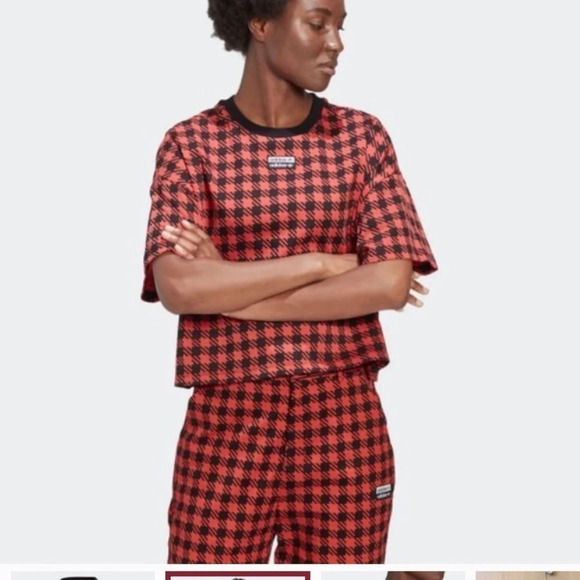 Adidas Red/Black Checked Crop T-Shirt Sz L - Picture 1 of 9